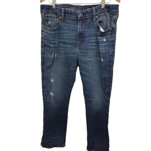 American Eagle Men Medium‎ Wash Distressed Straight-Leg Jeans Size 36x30